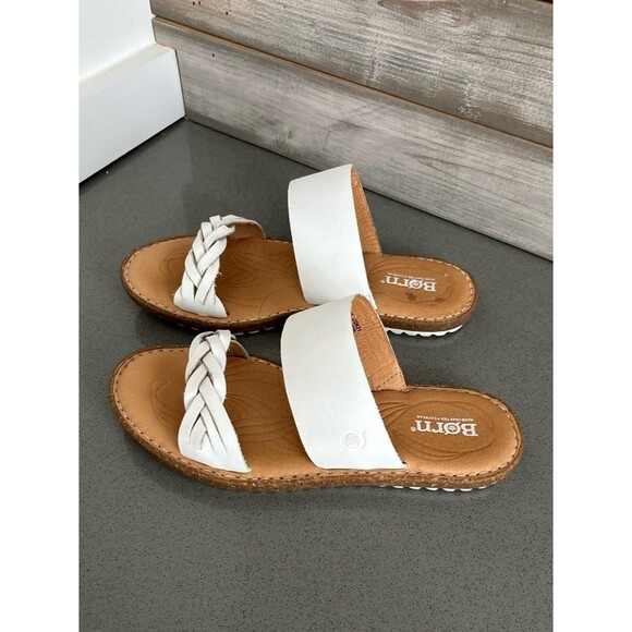 BORN MORENA WHITE LEATHER SLIDES SANDALS SZ 7M BRAIDED SLIP ON CASUAL RETAIL $99 - Picture 3 of 12